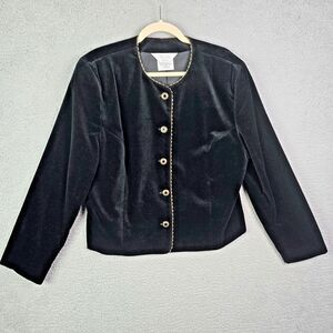 Tan Jay Black Velvet Blazer Gold Trim Metallic Buttons 14 Elegant